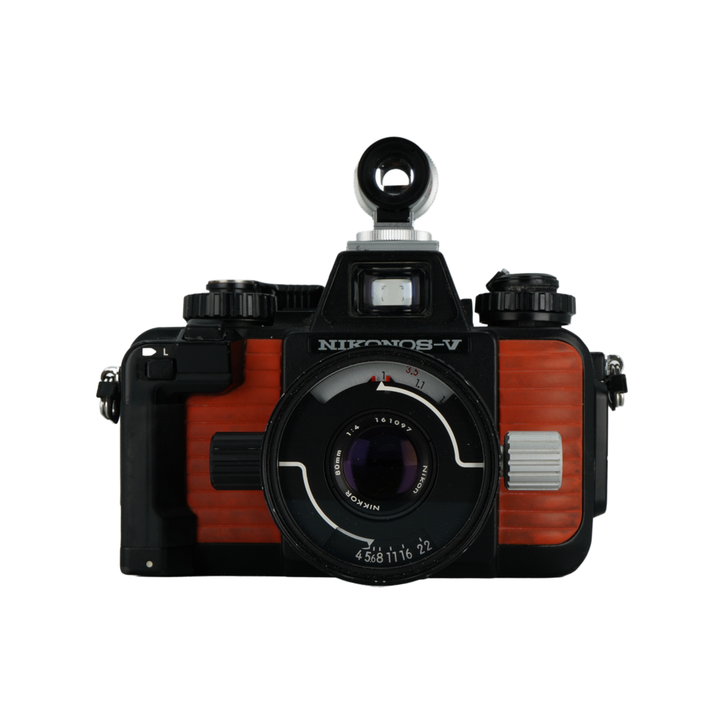 Nikon Nikonos-V 35mm film underwater dive camera, Nikon Nikonos 35mm f/2.5 Dive lens, and Nikon Nikonos 80mm f/4 dive lens.