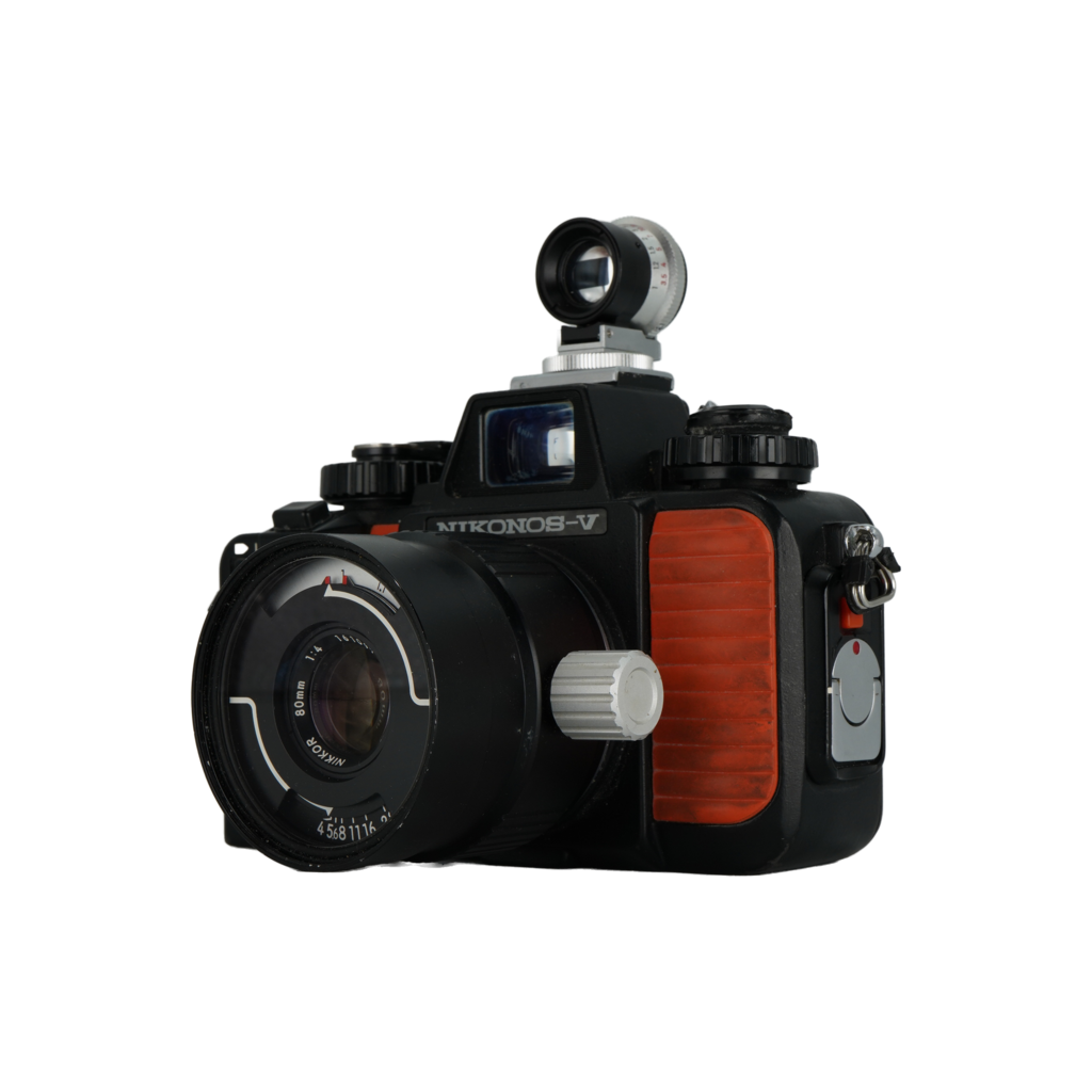 Nikon Nikonos-V 35mm film underwater dive camera, Nikon Nikonos 35mm f/2.5 Dive lens, and Nikon Nikonos 80mm f/4 dive lens.