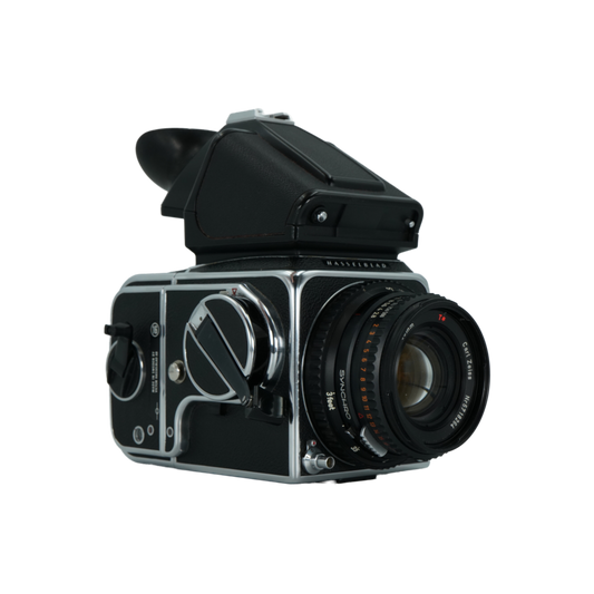 Hasselblad 500CM Medium Format film Camera with Zeiss Planar 80mm f/2.8 Lens and one A12 back and three A16 (645) Backs