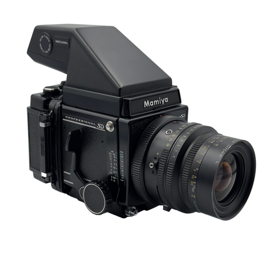 Mamiya medium format film camera kit with mamiya 75mm f/3.5 and 150mm f/3.5 lenses