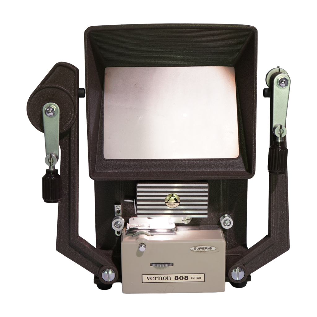 Sankyo Hi-Focus CME 666 Super 8mm film Movie Camera with Vernon “808” Super 8mm film Editor and a vintage Logan De Luxe Movie Reel Chest