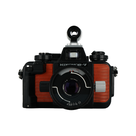 Nikon Nikonos-V 35mm film underwater dive camera, Nikon Nikonos 35mm f/2.5 Dive lens, and Nikon Nikonos 80mm f/4 dive lens.
