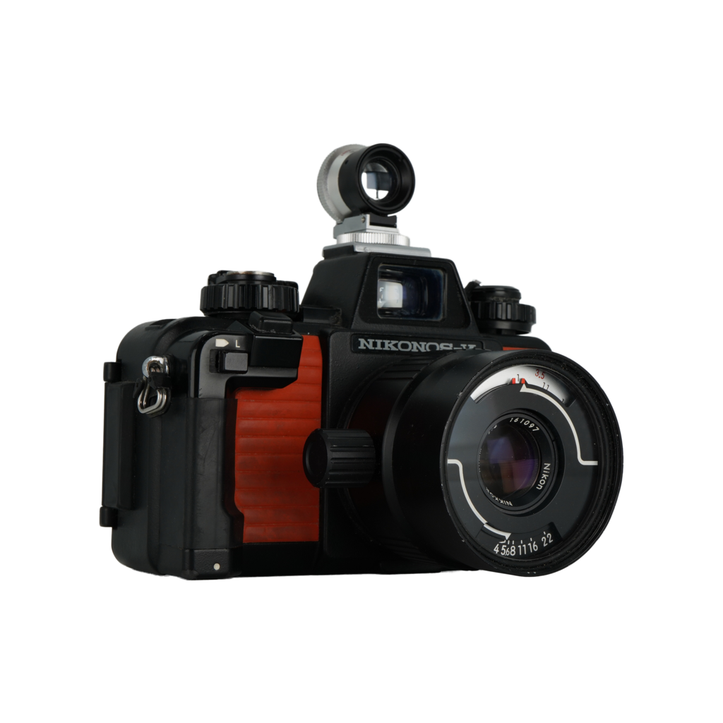 Nikon Nikonos-V 35mm film underwater dive camera, Nikon Nikonos 35mm f/2.5 Dive lens, and Nikon Nikonos 80mm f/4 dive lens.