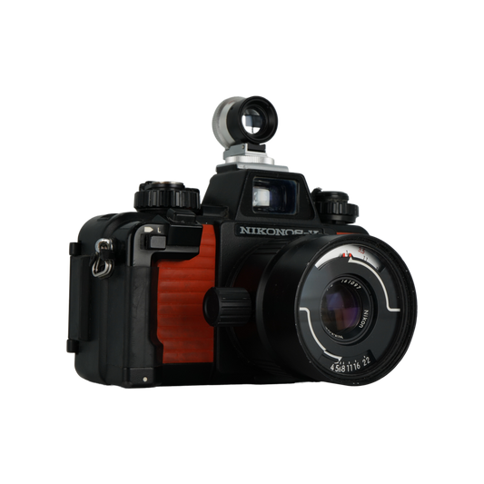 Nikon Nikonos-V 35mm film underwater dive camera, Nikon Nikonos 35mm f/2.5 Dive lens, and Nikon Nikonos 80mm f/4 dive lens.