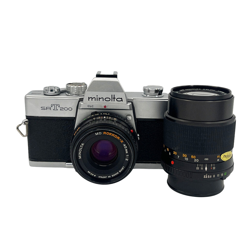 Minolta SRT 200 35mm Film Camera w/ Minolta MD Rokkor-X 45mm f/2 and Minolta MD Celtic 135mm f/3.5 Lens