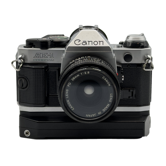 Canon AE-1 Program 35mm Film Camera with Canon FD 28mm f/2.8 Film Lens, Canon 50mm f/1.8 FD Film Lens, and Canon FD 100-200mm f/5.6 Film Lens