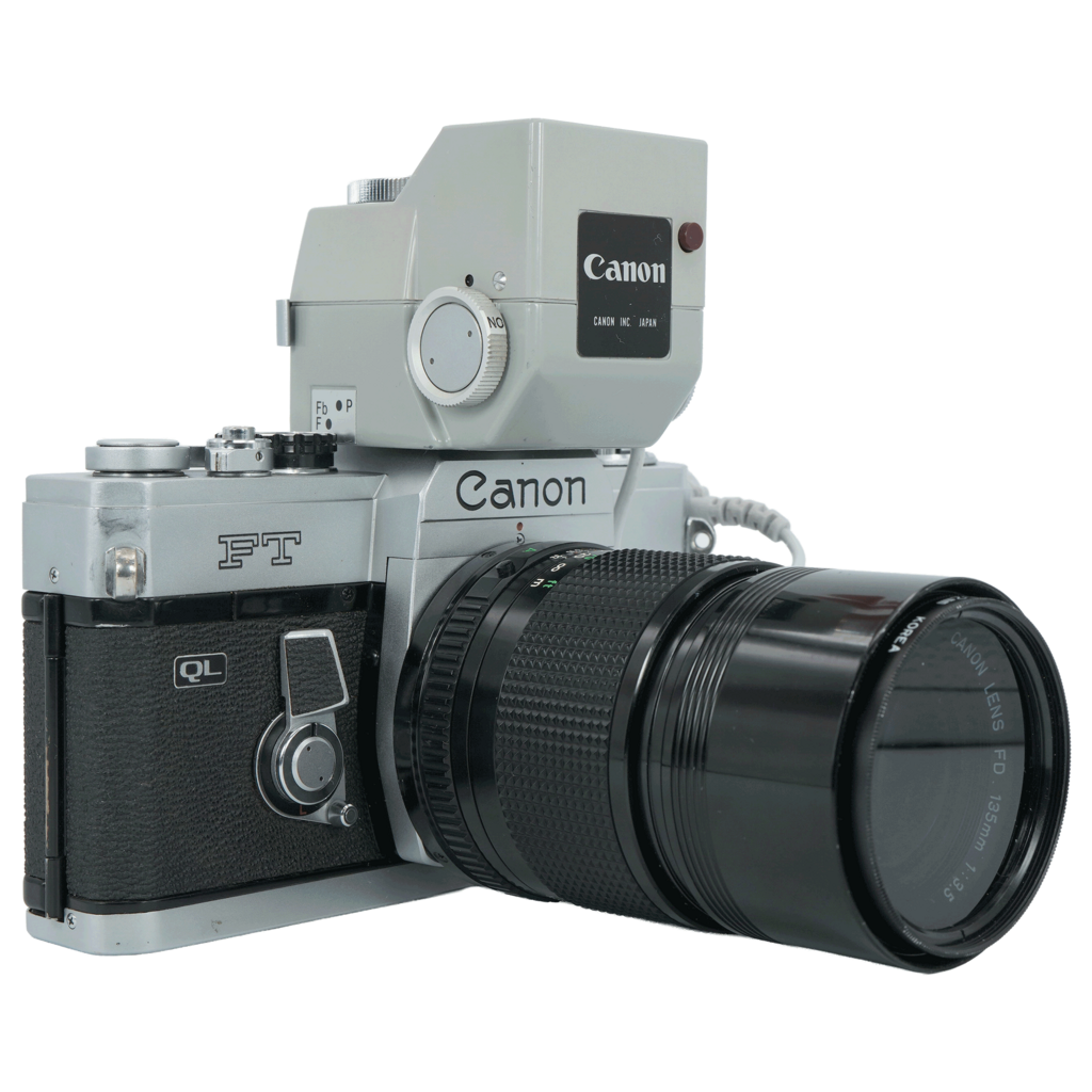Canon FT QL 35mm Film Camera with Light Meter Booster and Canon FD 135mm f/3.5 Lens