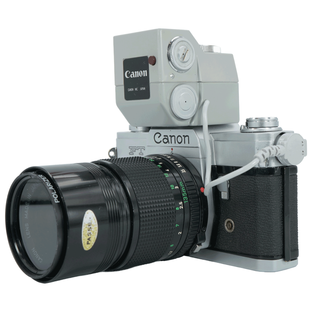Canon FT QL 35mm Film Camera with Light Meter Booster and Canon FD 135mm f/3.5 Lens