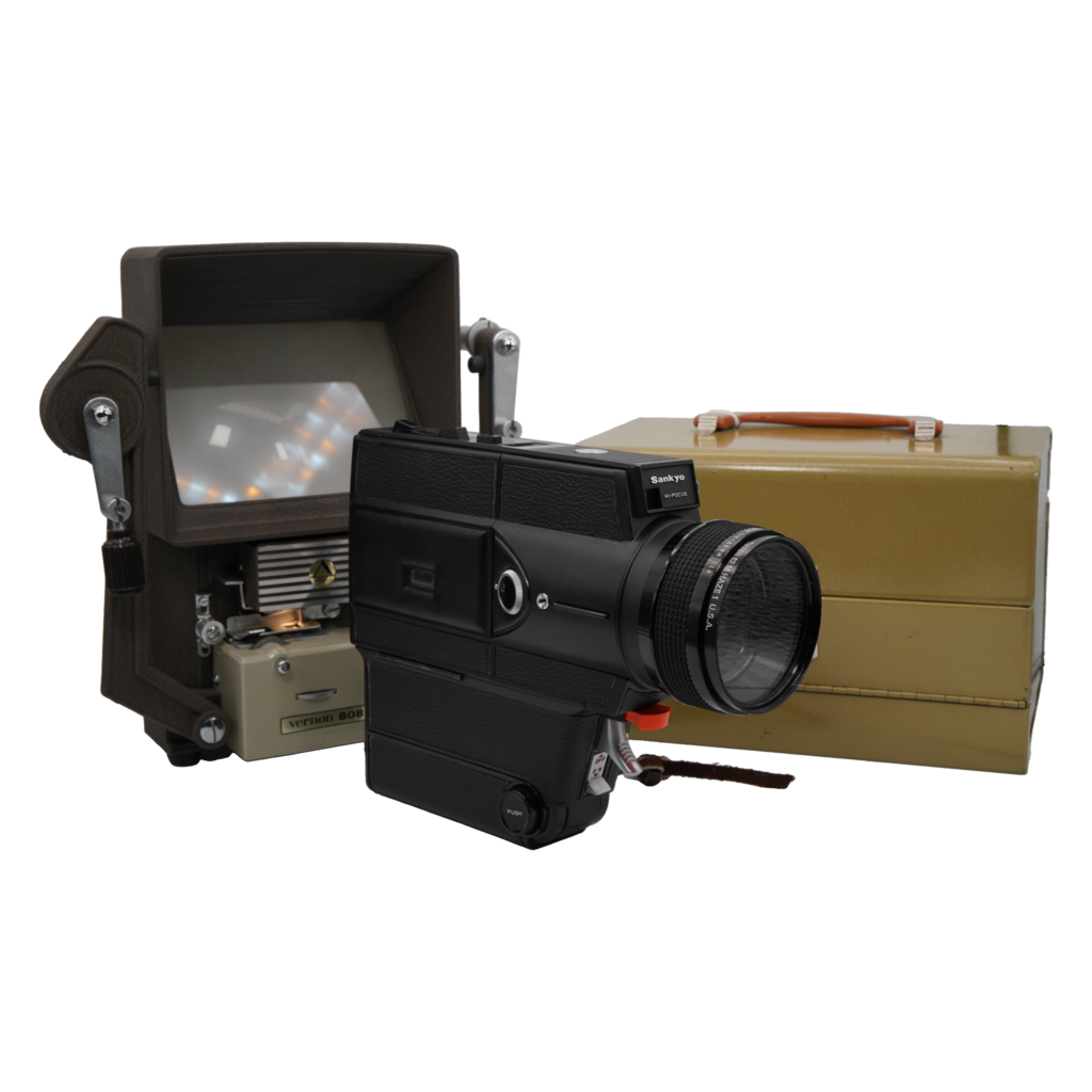 Sankyo Hi-Focus CME 666 Super 8mm film Movie Camera with Vernon “808” Super 8mm film Editor and a vintage Logan De Luxe Movie Reel Chest