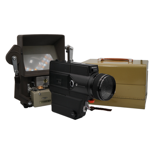 Sankyo Hi-Focus CME 666 Super 8mm film Movie Camera with Vernon “808” Super 8mm film Editor and a vintage Logan De Luxe Movie Reel Chest