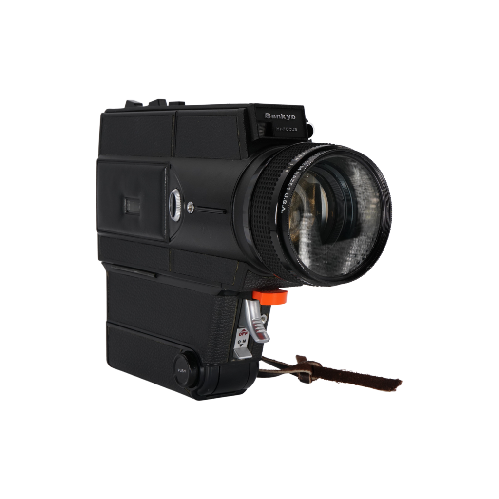 Sankyo Hi-Focus CME 666 Super 8mm film Movie Camera with Vernon “808” Super 8mm film Editor and a vintage Logan De Luxe Movie Reel Chest