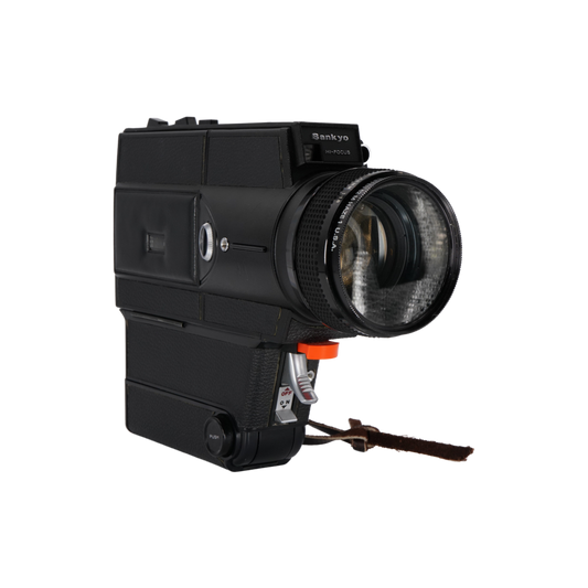 Sankyo Hi-Focus CME 666 Super 8mm film Movie Camera with Vernon “808” Super 8mm film Editor and a vintage Logan De Luxe Movie Reel Chest