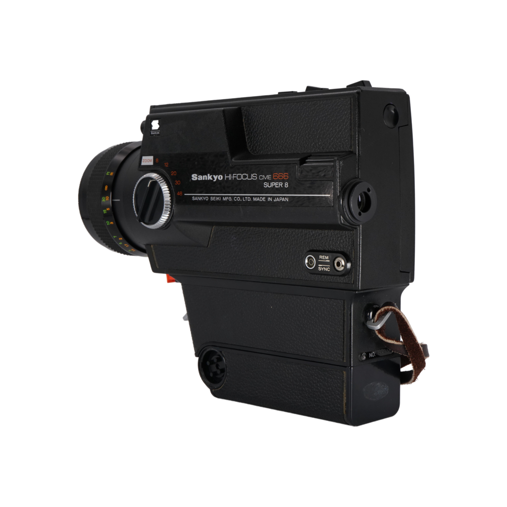 Sankyo Hi-Focus CME 666 Super 8mm film Movie Camera with Vernon “808” Super 8mm film Editor and a vintage Logan De Luxe Movie Reel Chest