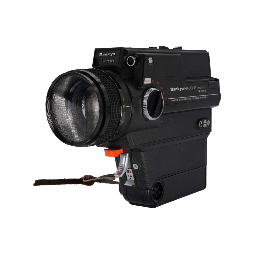 Sankyo Hi-Focus CME 666 Super 8mm film Movie Camera with Vernon “808” Super 8mm film Editor and a vintage Logan De Luxe Movie Reel Chest